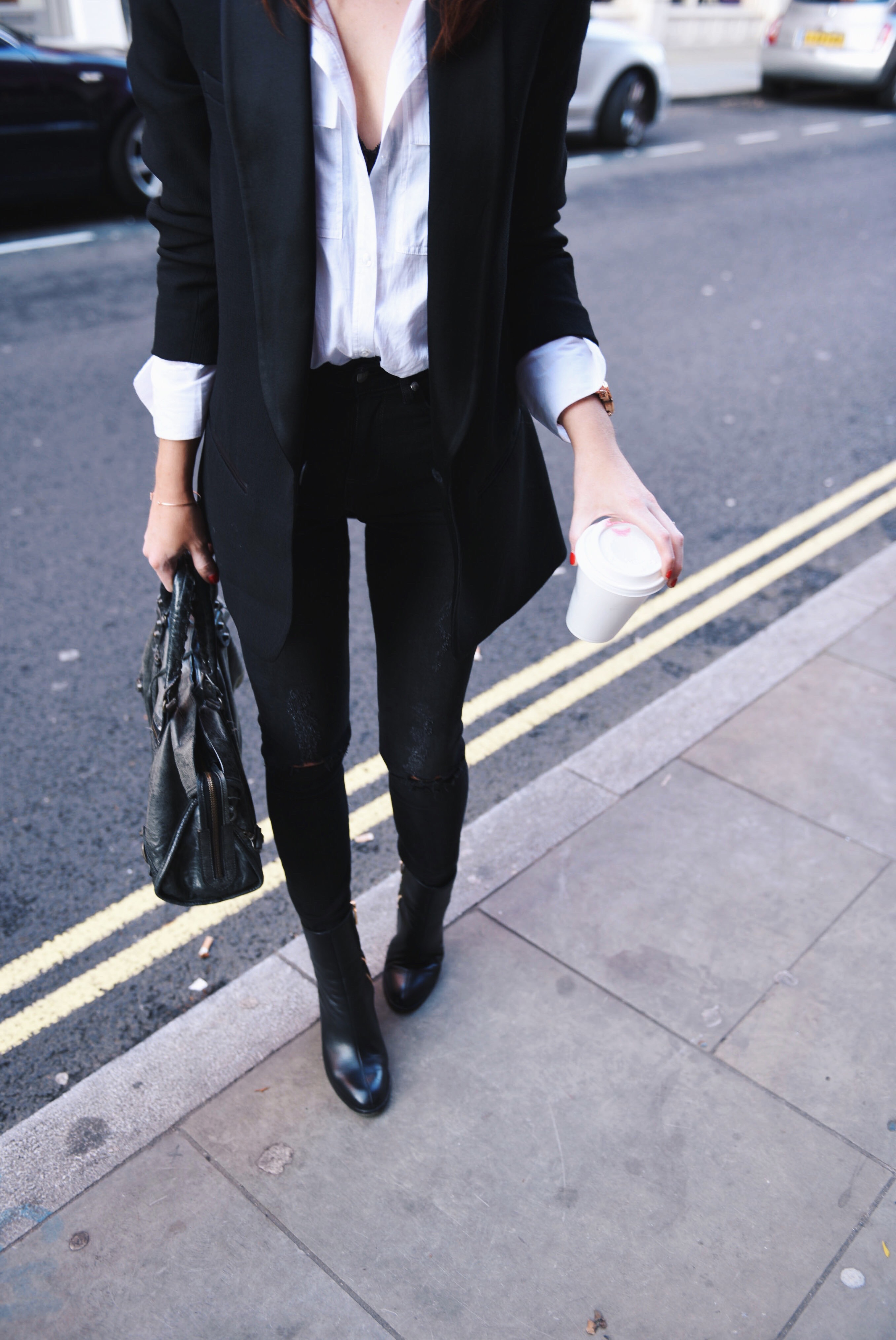 blazer and skinny jeans and white shirt