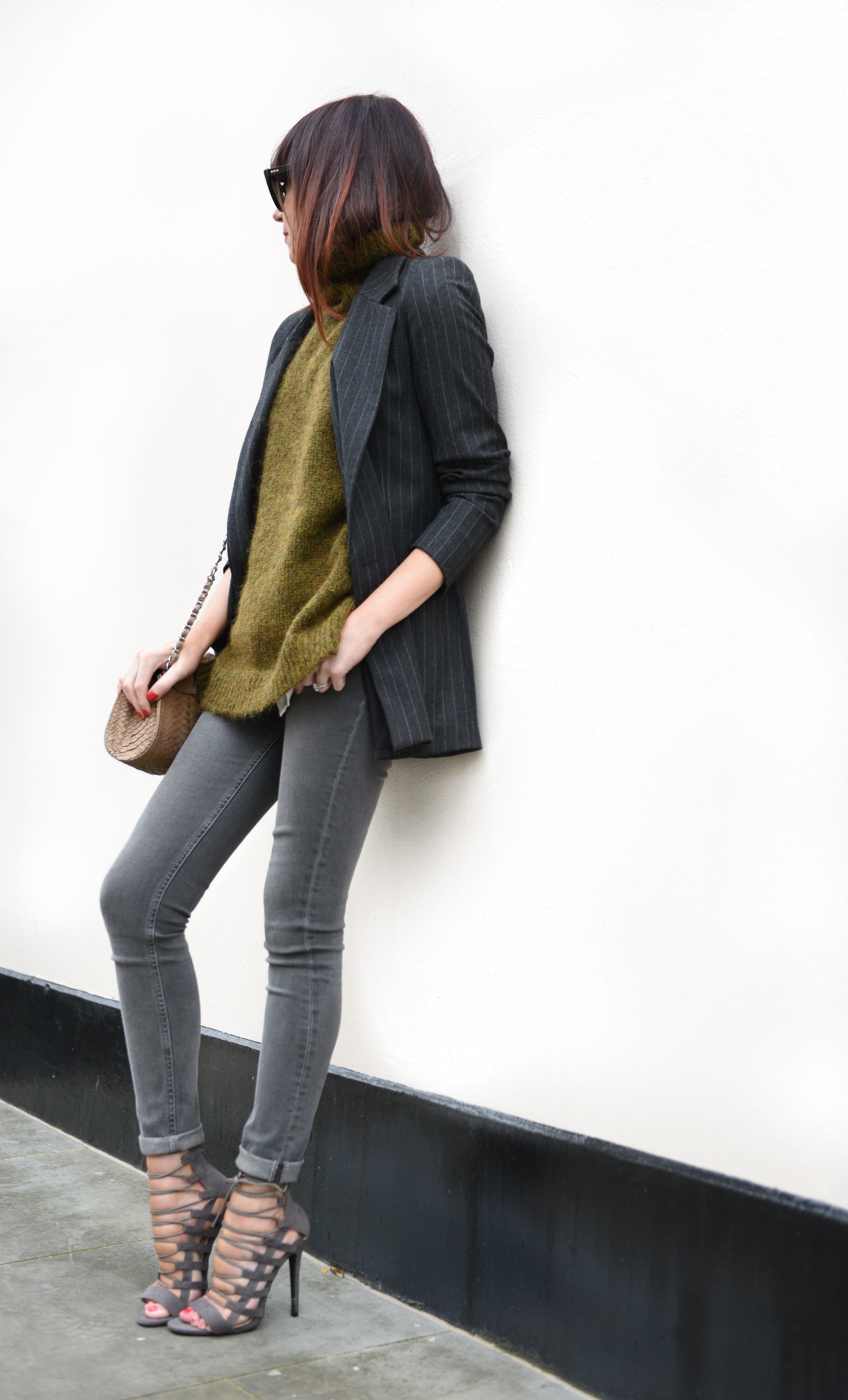 pin stripe blazer + chunky knit + skinny jeans