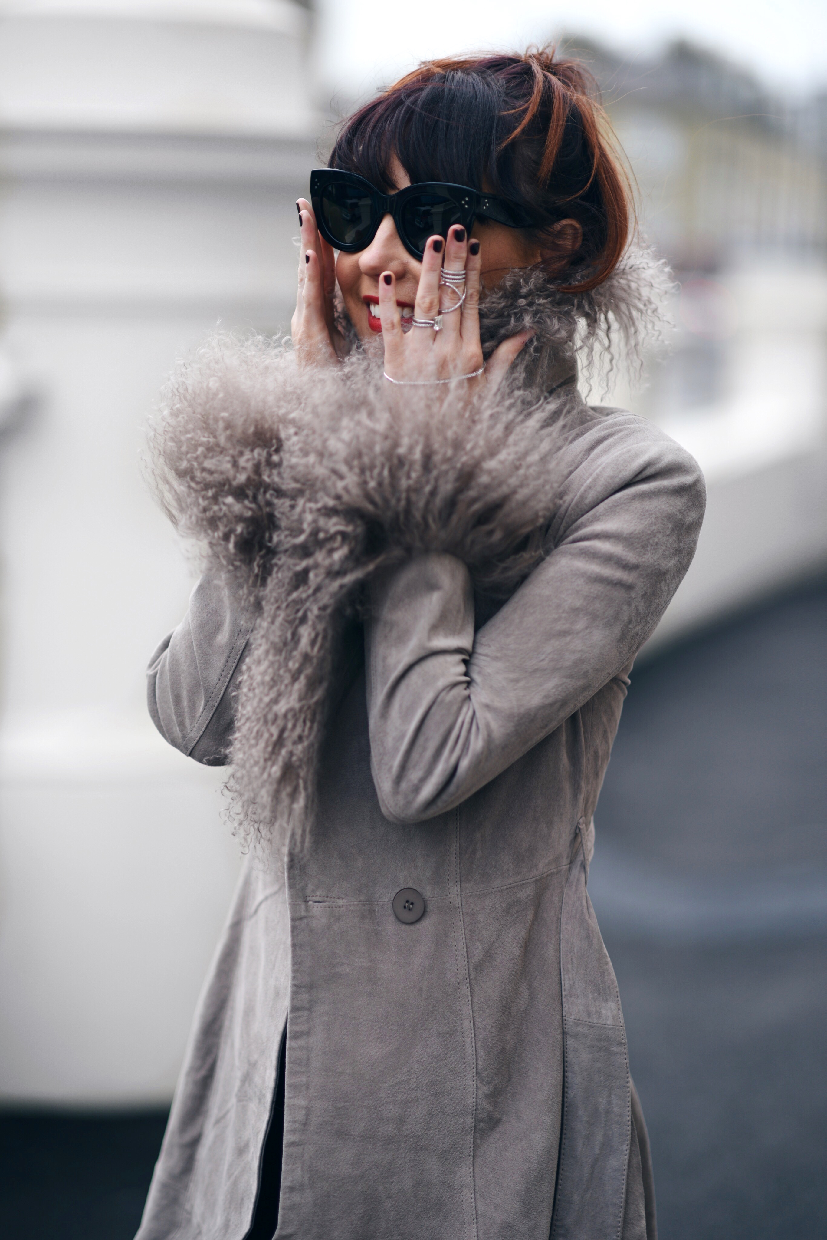 suede trench and celine sunglasses