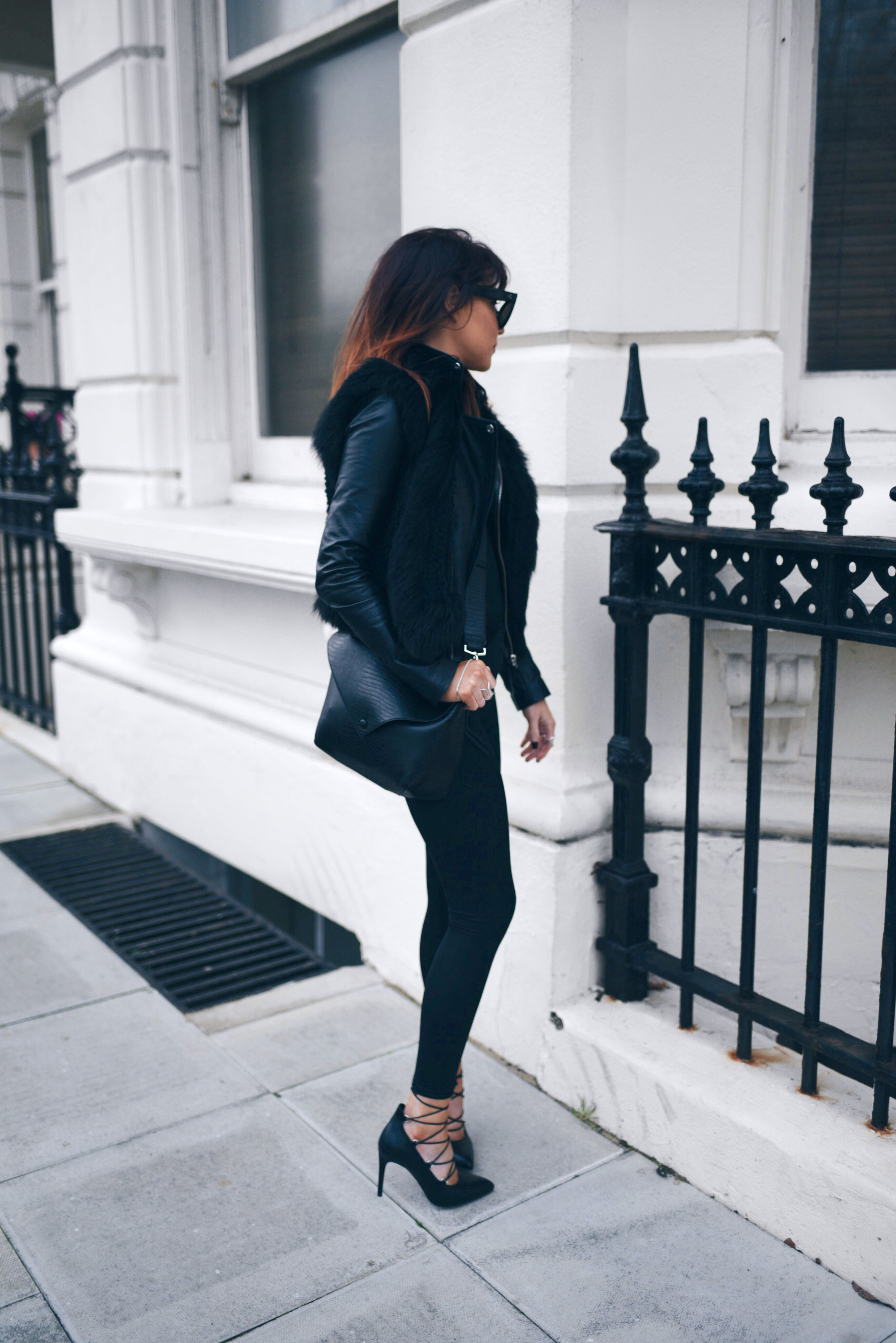 black leggings and black leather jacket