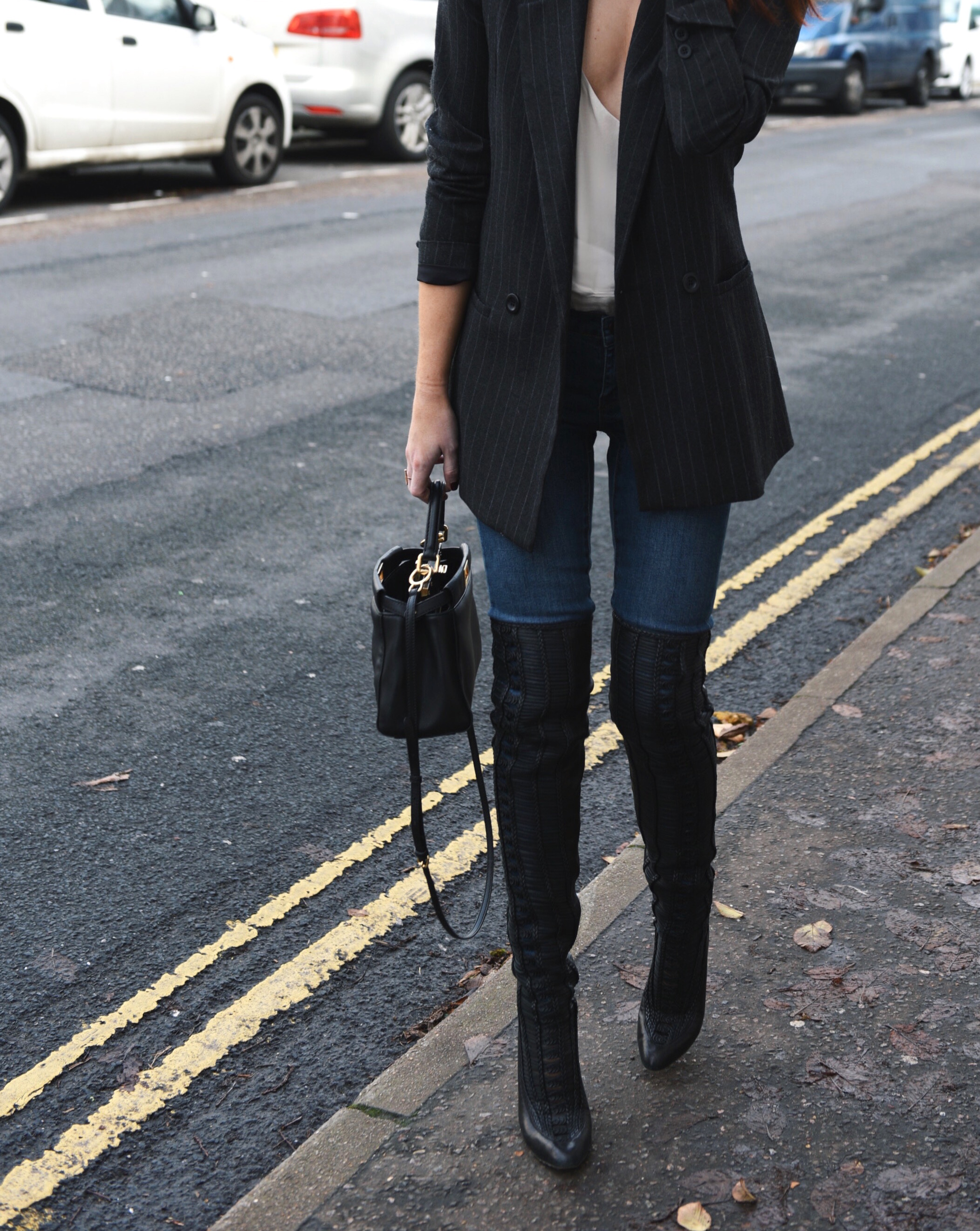pinstripe blazer and over the knee boots