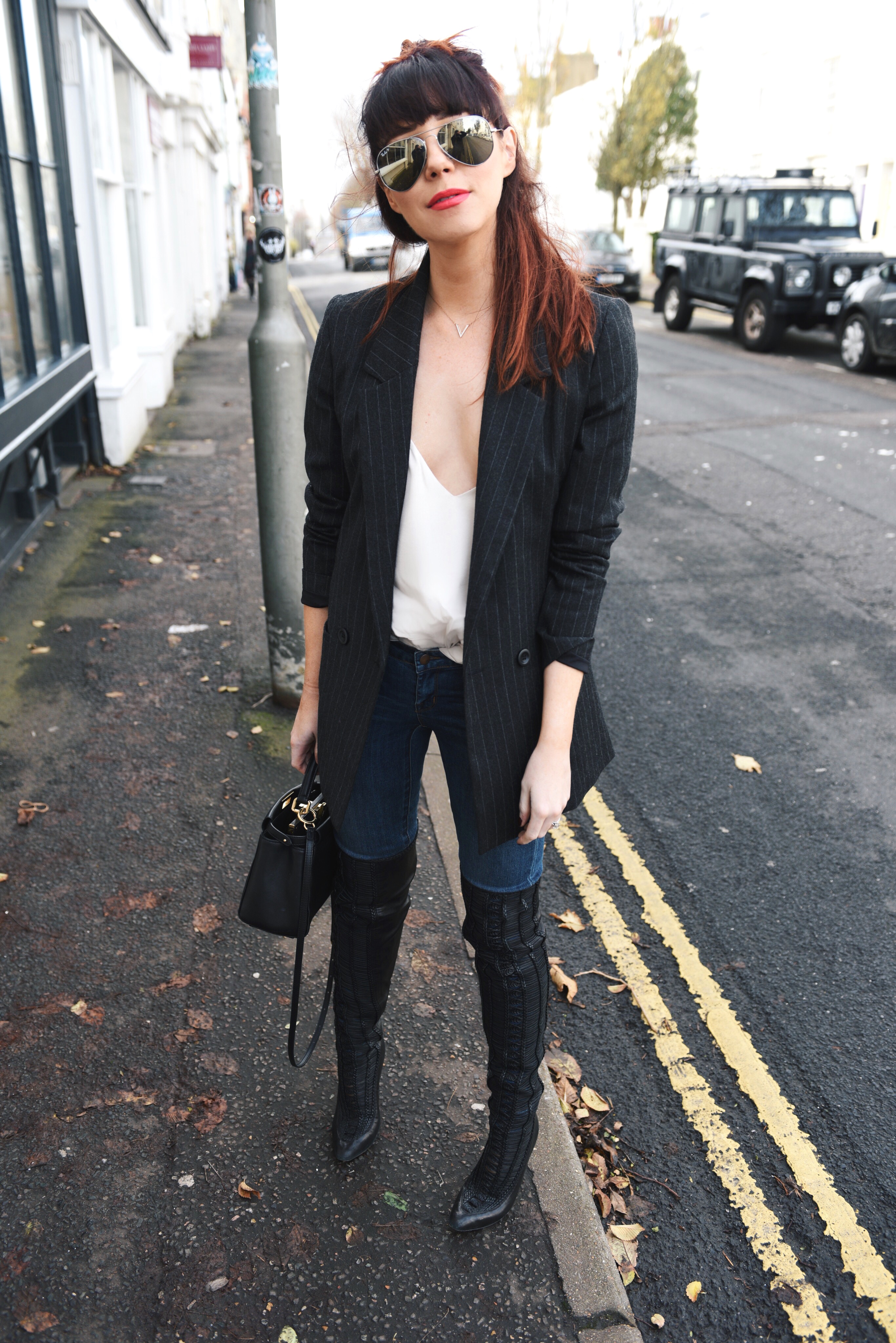 pinstripe blazer and over the knee boots