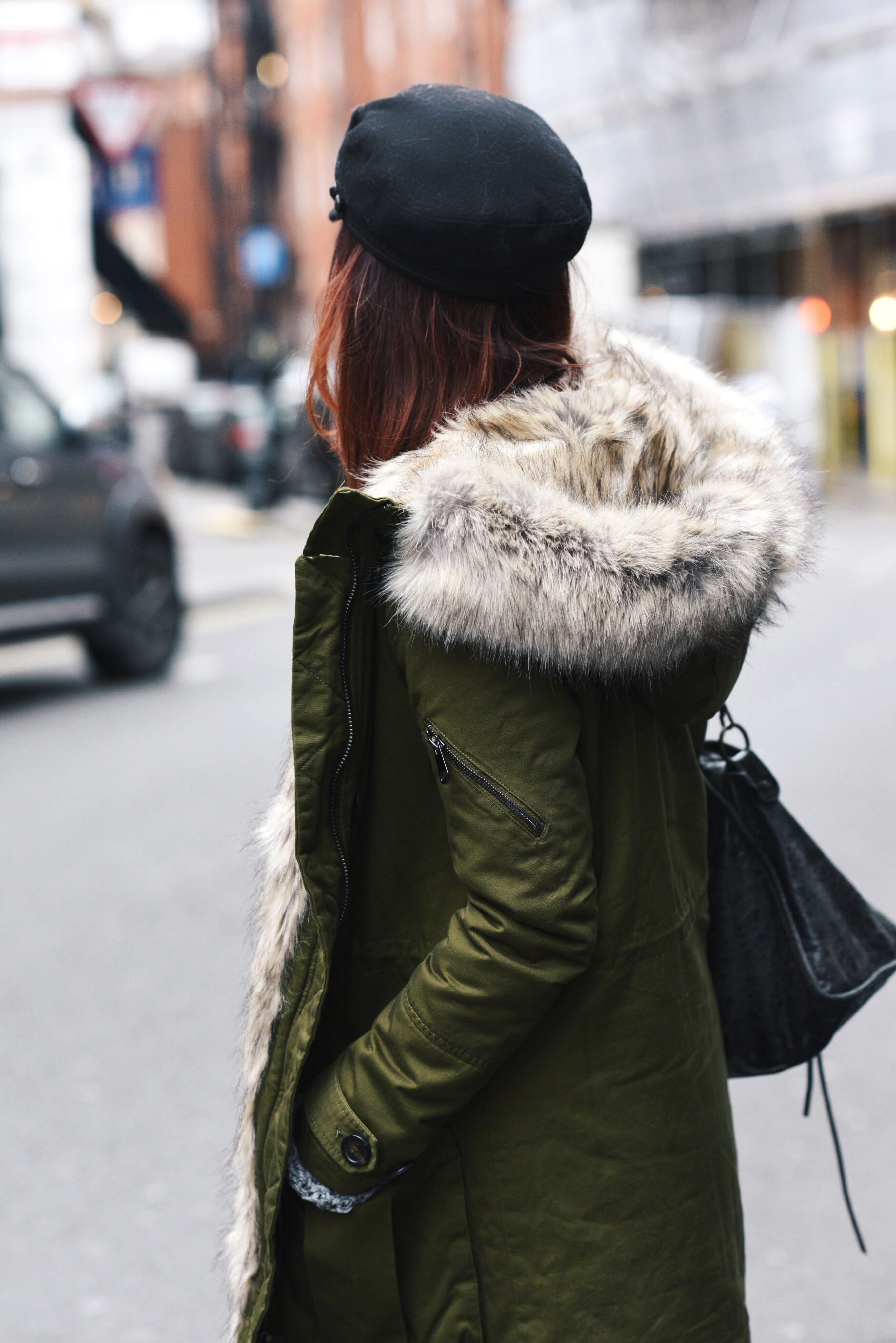khaki parka coat with faux fur hood