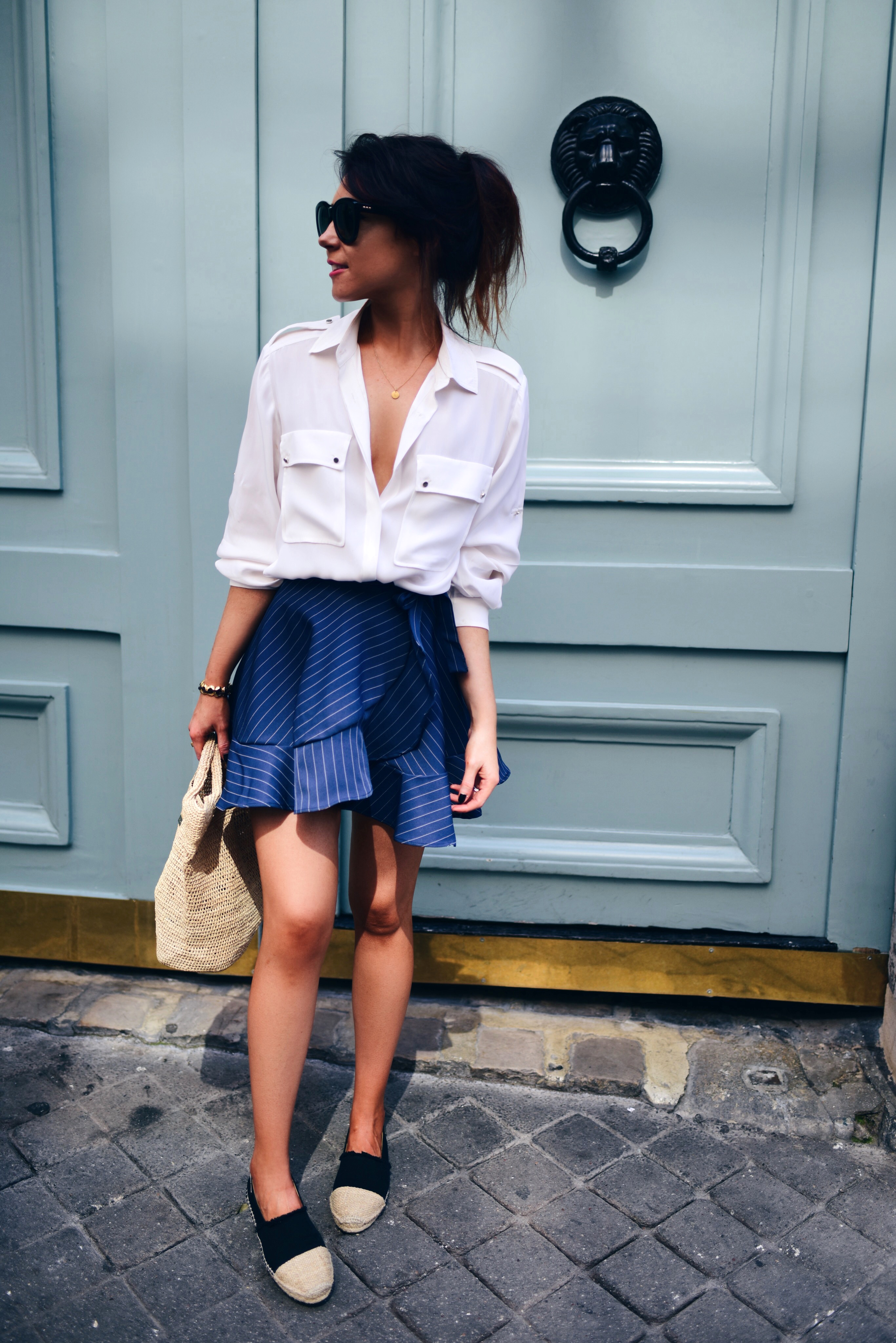 lorna-luxe-white-shirt-stores-stripe-skirt-raffia-tote-espadrilles